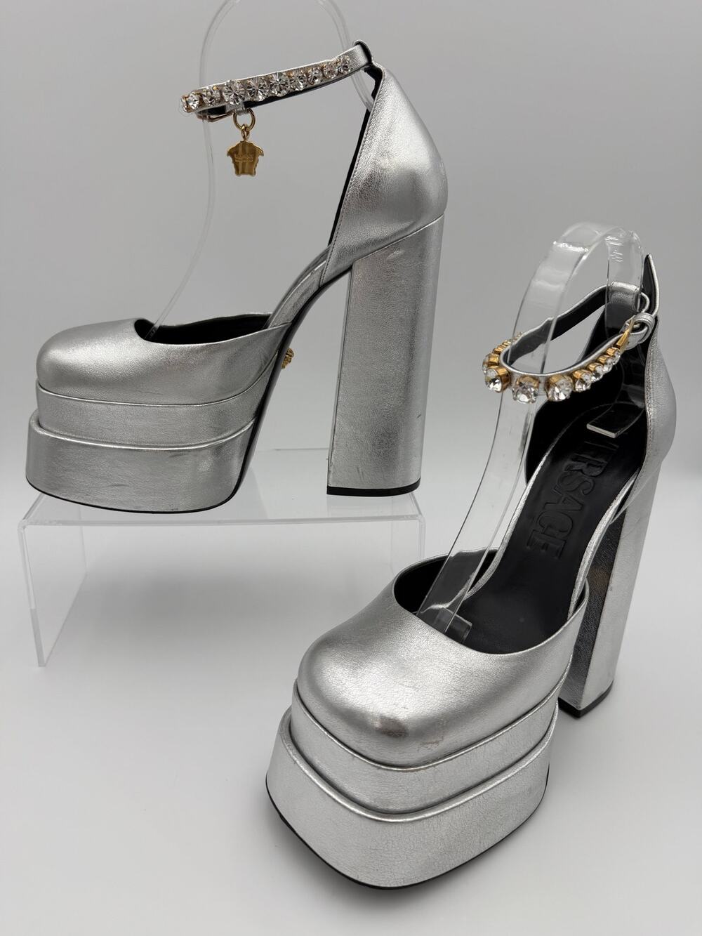 Versace Medusa Aevitas Crystal Ankle Strap Platform Pumps Silver Size 38.5 / 8.5